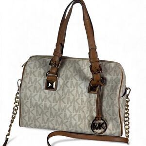 Michael Kors Medium Grayson Signature Satchel Handbag Beige Leather Gold Chain